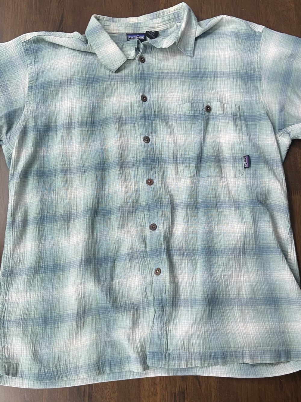 Patagonia Button Up Shirt Men's Large Short Sleeve Blue Plaid Organic Cotton L